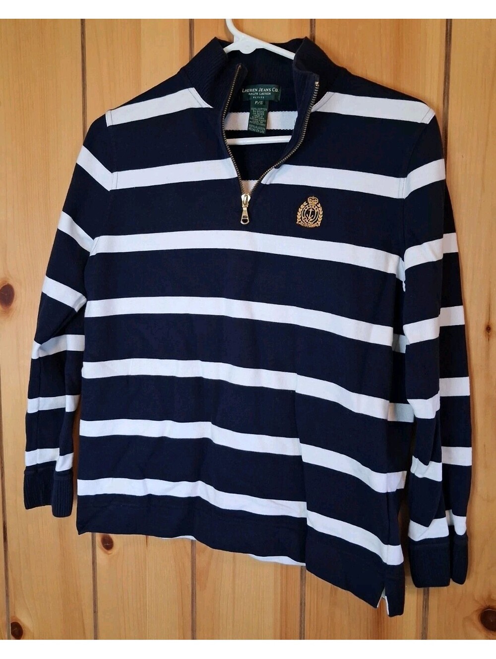Ralph Lauren Women’s Navy and White Striped Sweater Size Petite Small Flaw